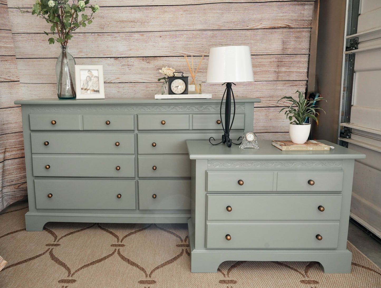 Sage Green Solid Wood Wide Dresser and Large Nightstand