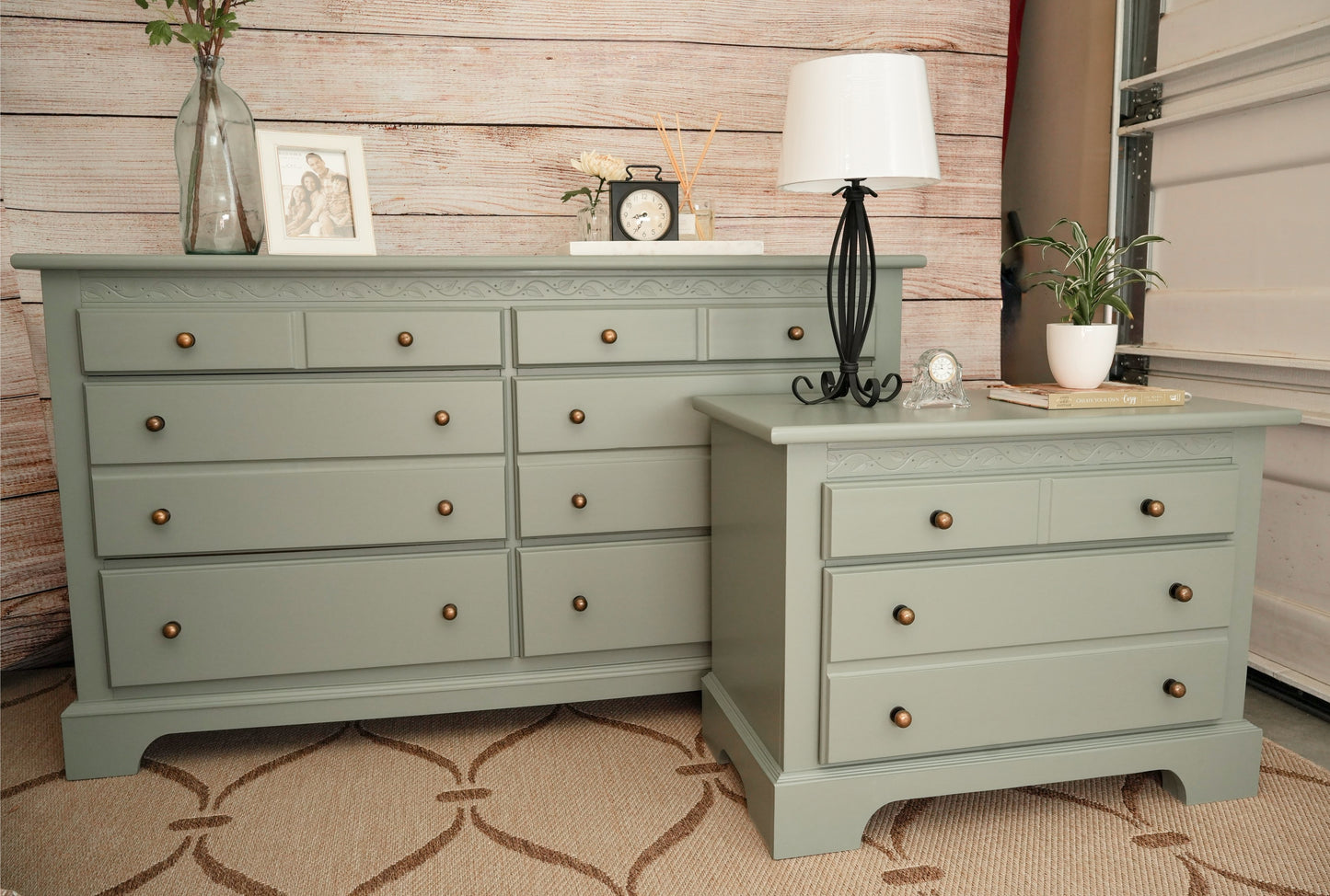 Sage Green Solid Wood Wide Dresser and Large Nightstand