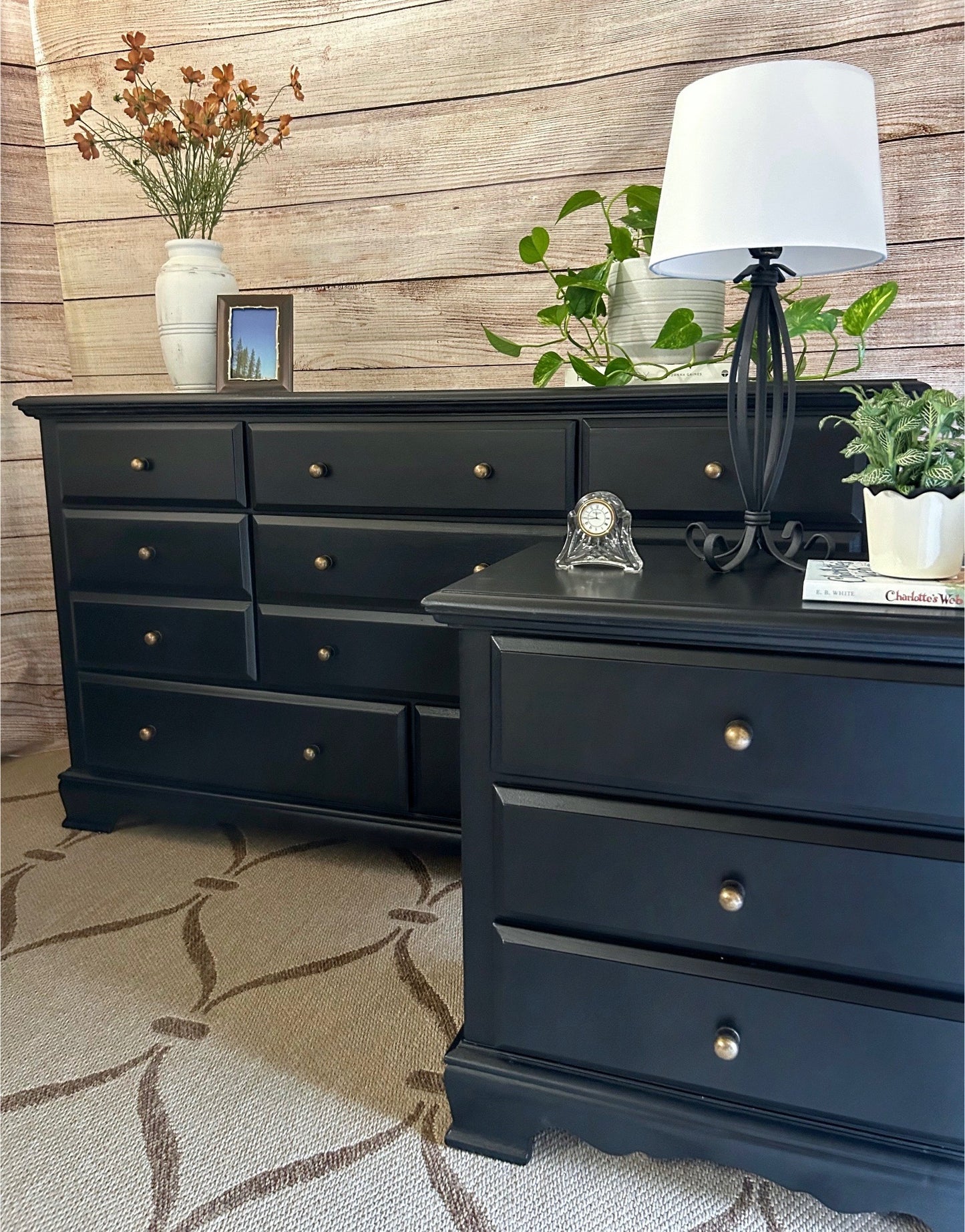 Black Solid Wood Wide Dresser and Nightstand