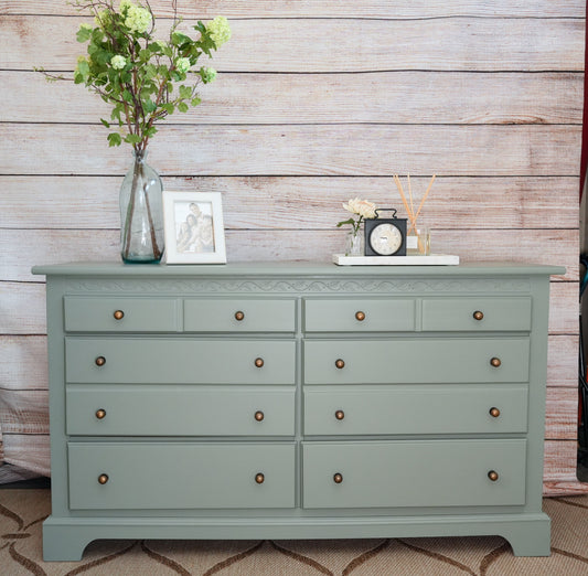Sage Green Solid Wood Wide Dresser and Large Nightstand