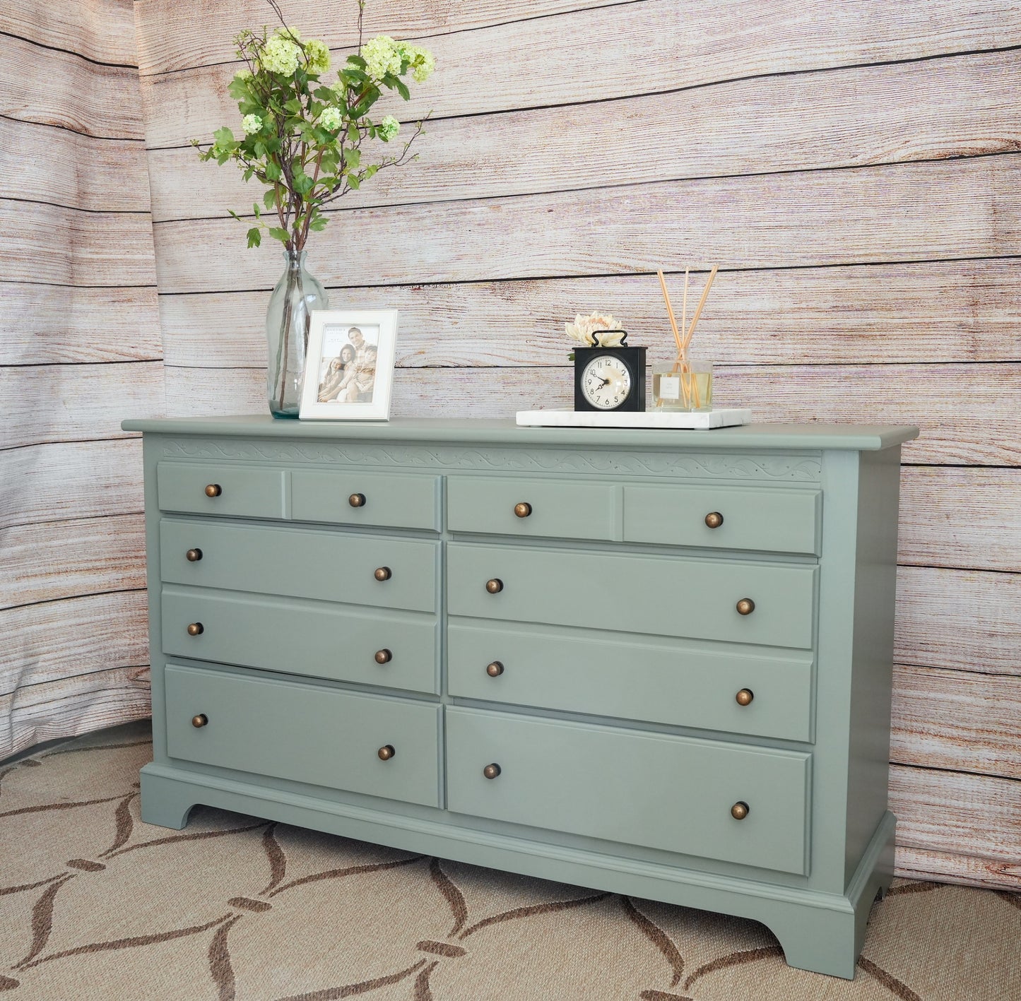Sage Green Solid Wood Wide Dresser and Large Nightstand
