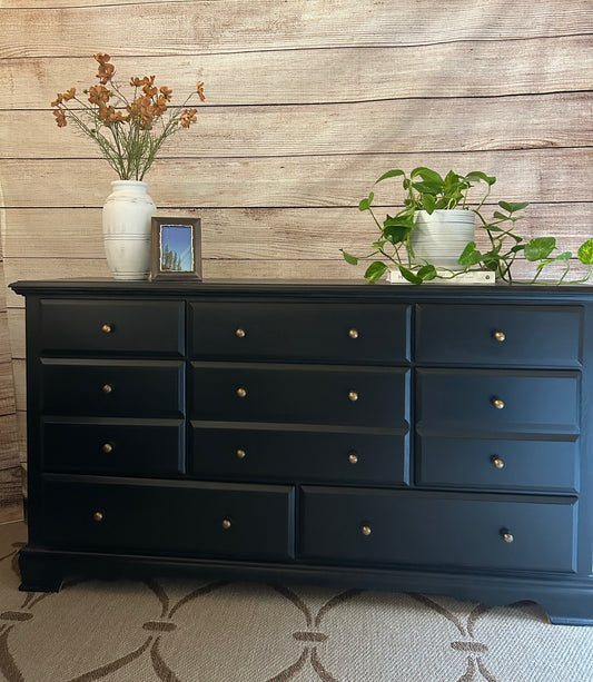 Black Solid Wood Wide Dresser and Nightstand